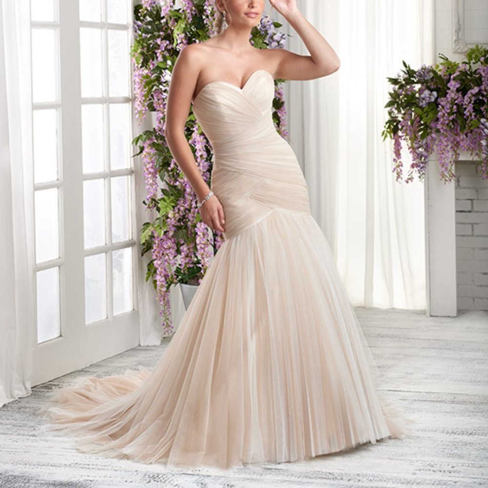 Sample Champagne Asymmetrical Ruched Fit & Flare Wedding Dress, Corset Laceup